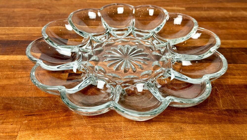 Vintage Glass Deviled Egg Plate Platter Clear Pressed Floral Pattern